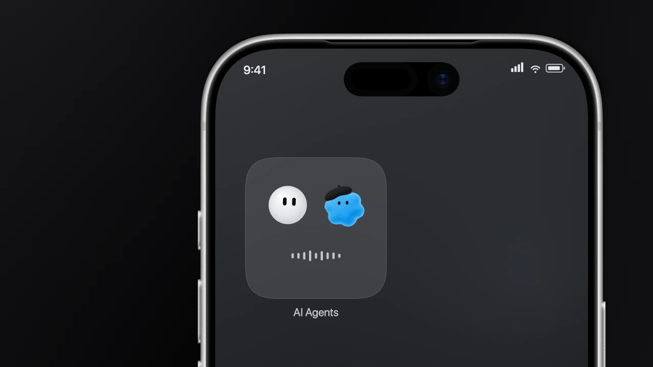 An iPhone home screen with an AI Agents app tile holding two animated companions