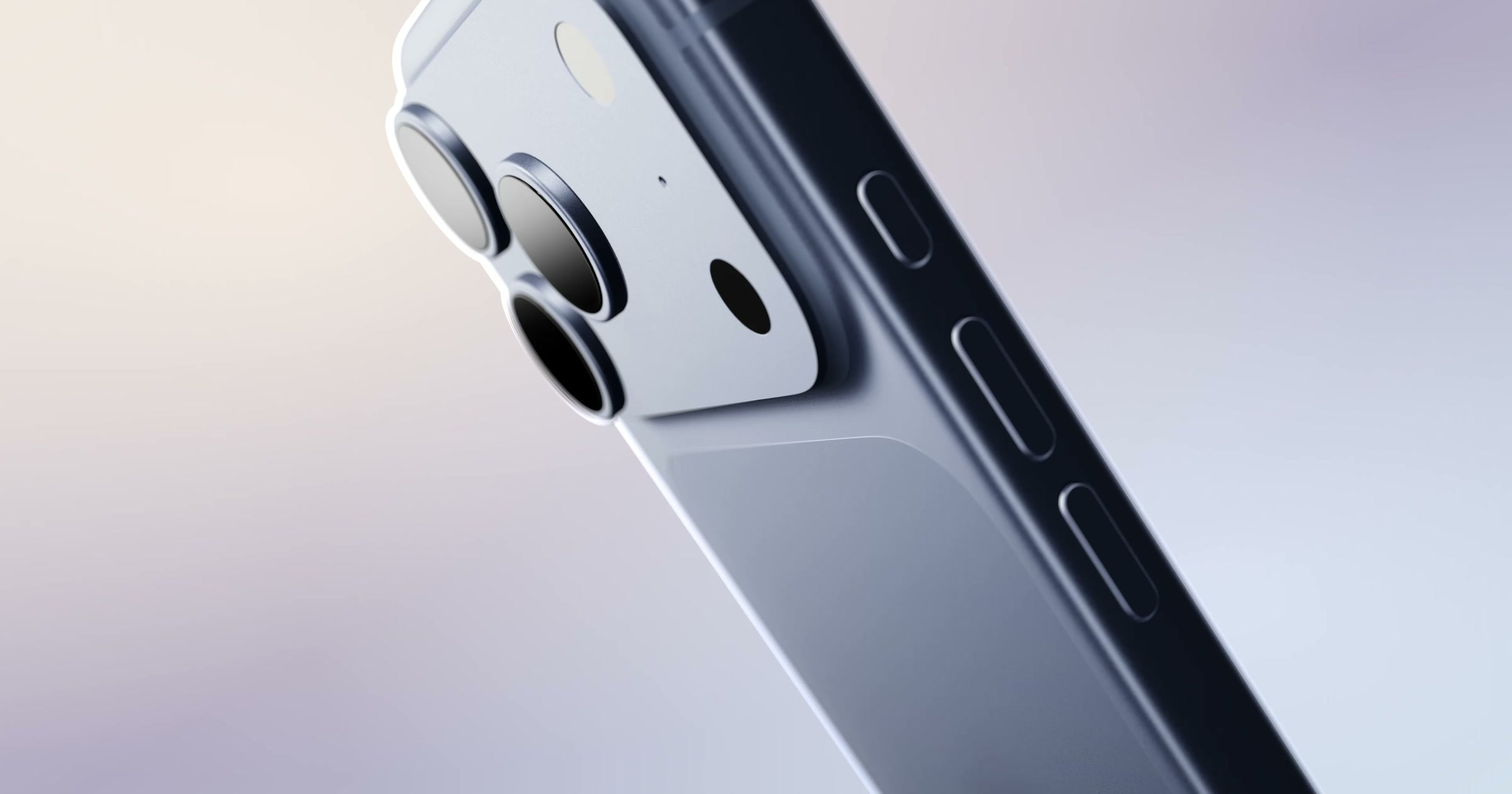 A close-up of a 3D iPhone 18 Pro's camera and side rail on a soft dawn gradient, the opening frame of the film