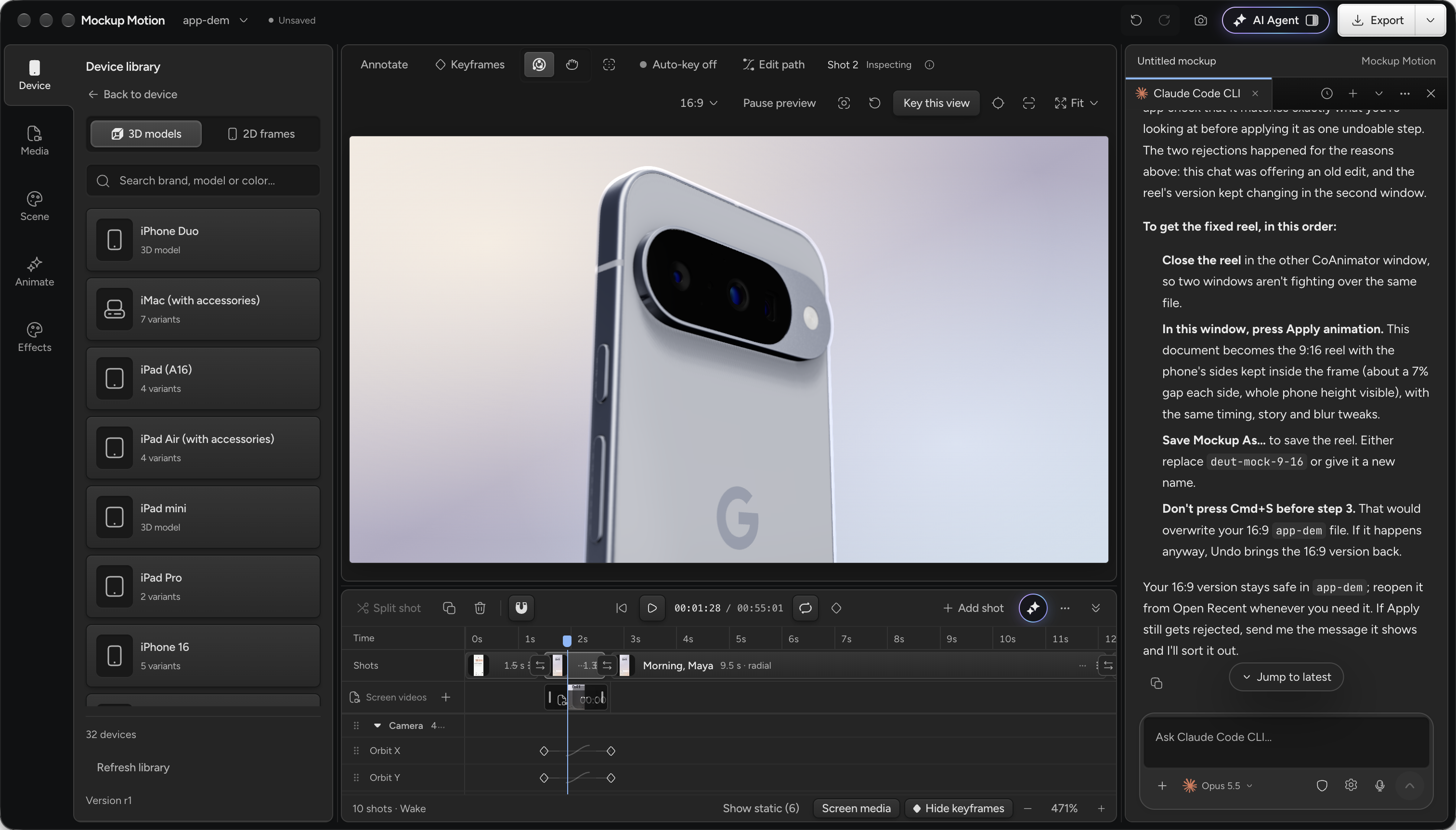 The device library in Mockup Motion listing 3D models such as iPhone Duo, iMac, iPad and iPhone 16, with a 3D Android phone on the stage