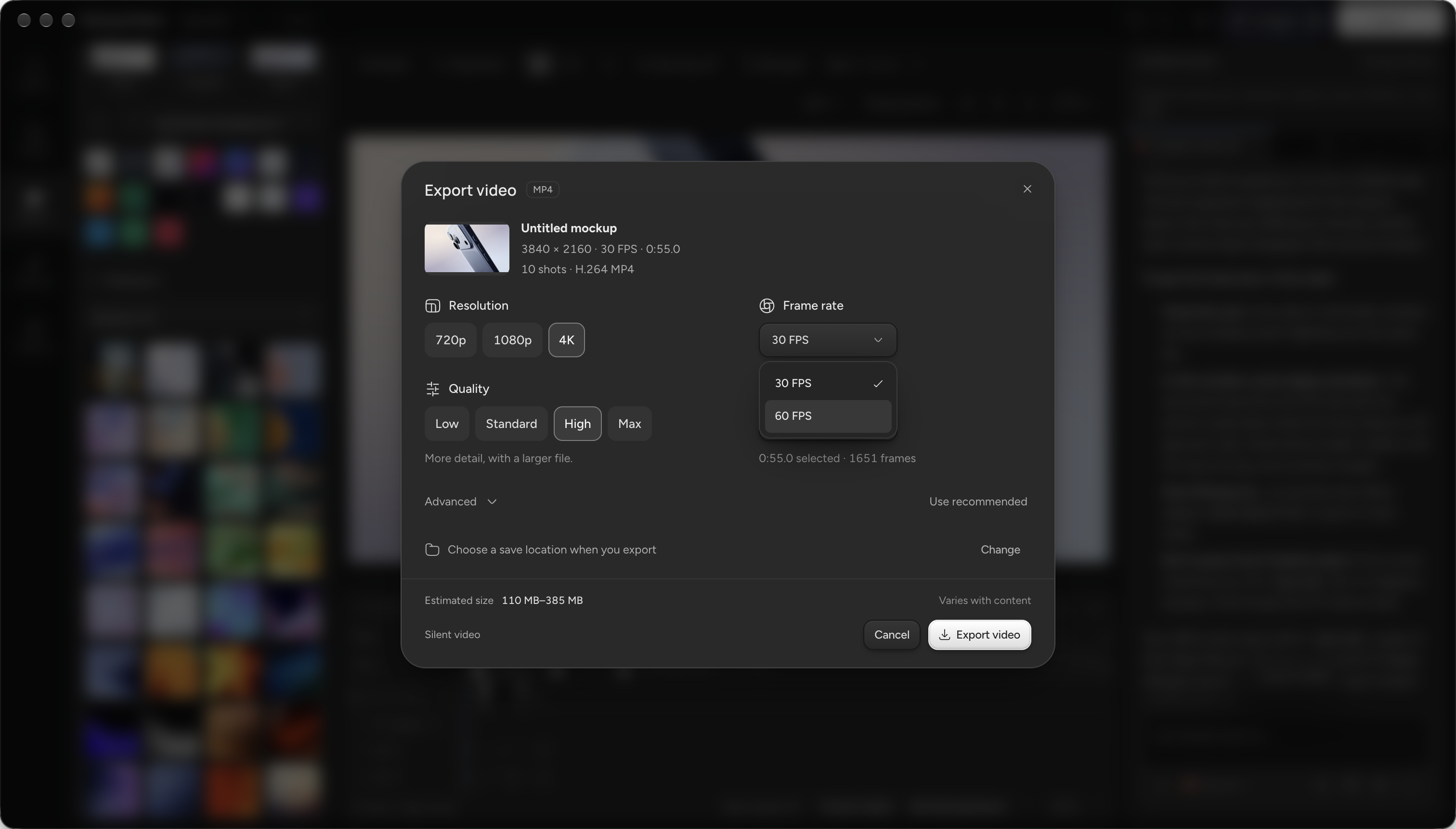 The Export video dialog with 720p, 1080p and 4K resolutions, quality levels, and a frame rate menu offering 30 or 60 FPS