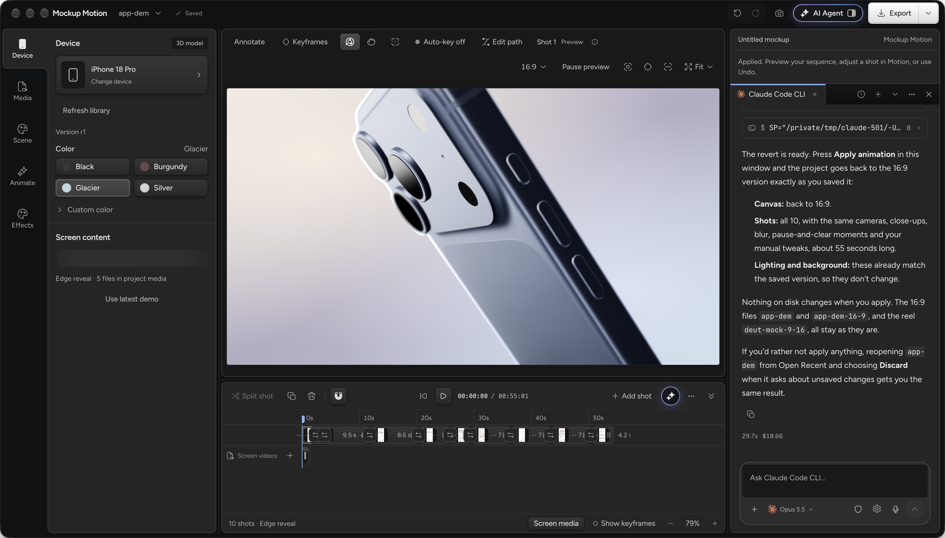 The Mockup Motion editor with the project open: device settings on the left, a close-up of the 3D iPhone on the stage, and the ten shots along the timeline