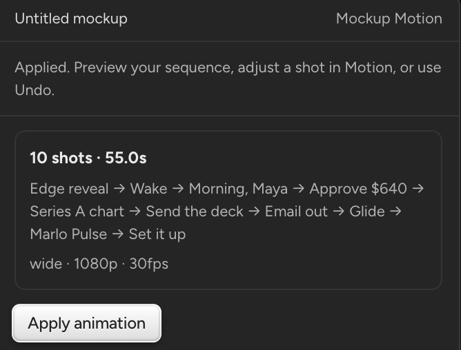 A proposal card reading 10 shots, 55.0 seconds, listing every shot from Edge reveal to Set it up, with an Apply animation button