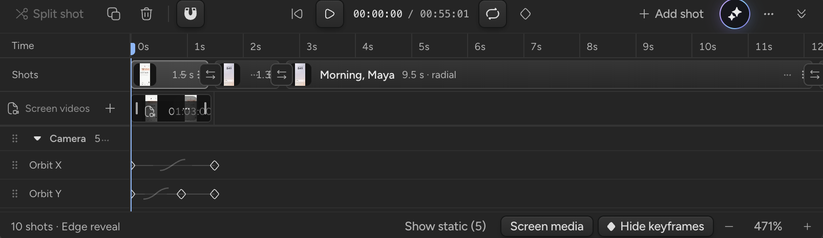 The Mockup Motion timeline showing the opening shots, the screen video clip, and Orbit X and Orbit Y camera keyframes