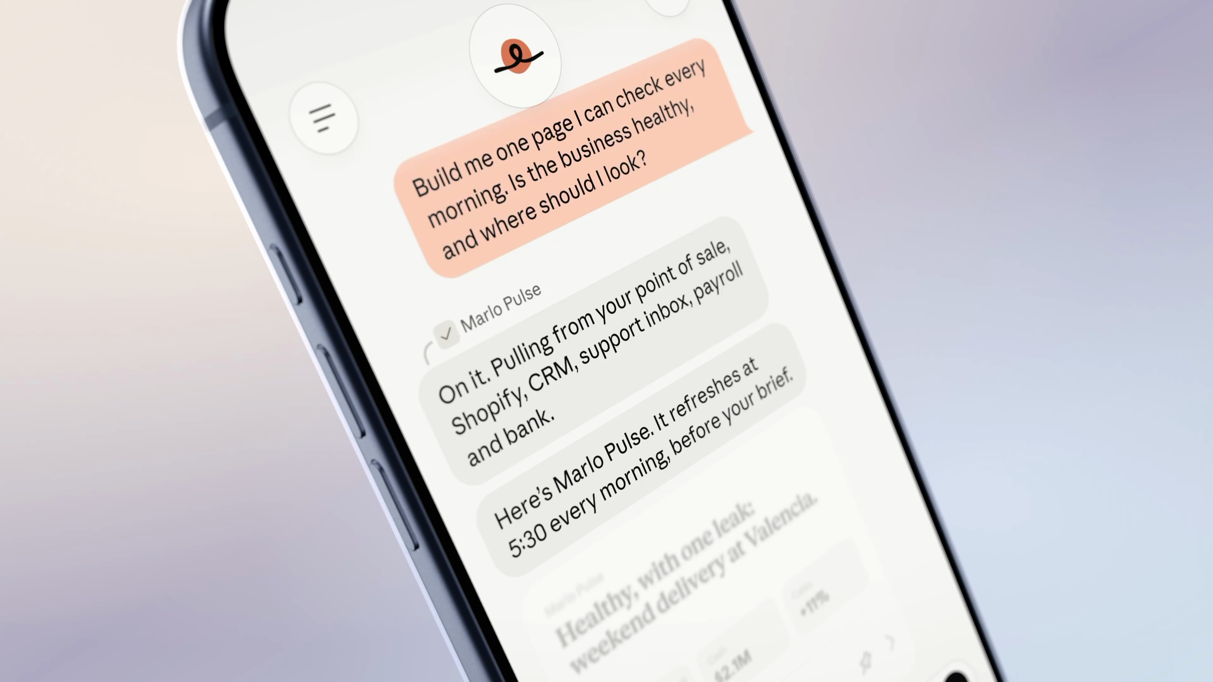A 3D iPhone tilted on a soft gradient, its screen showing a request for a one-page business check and the first replies