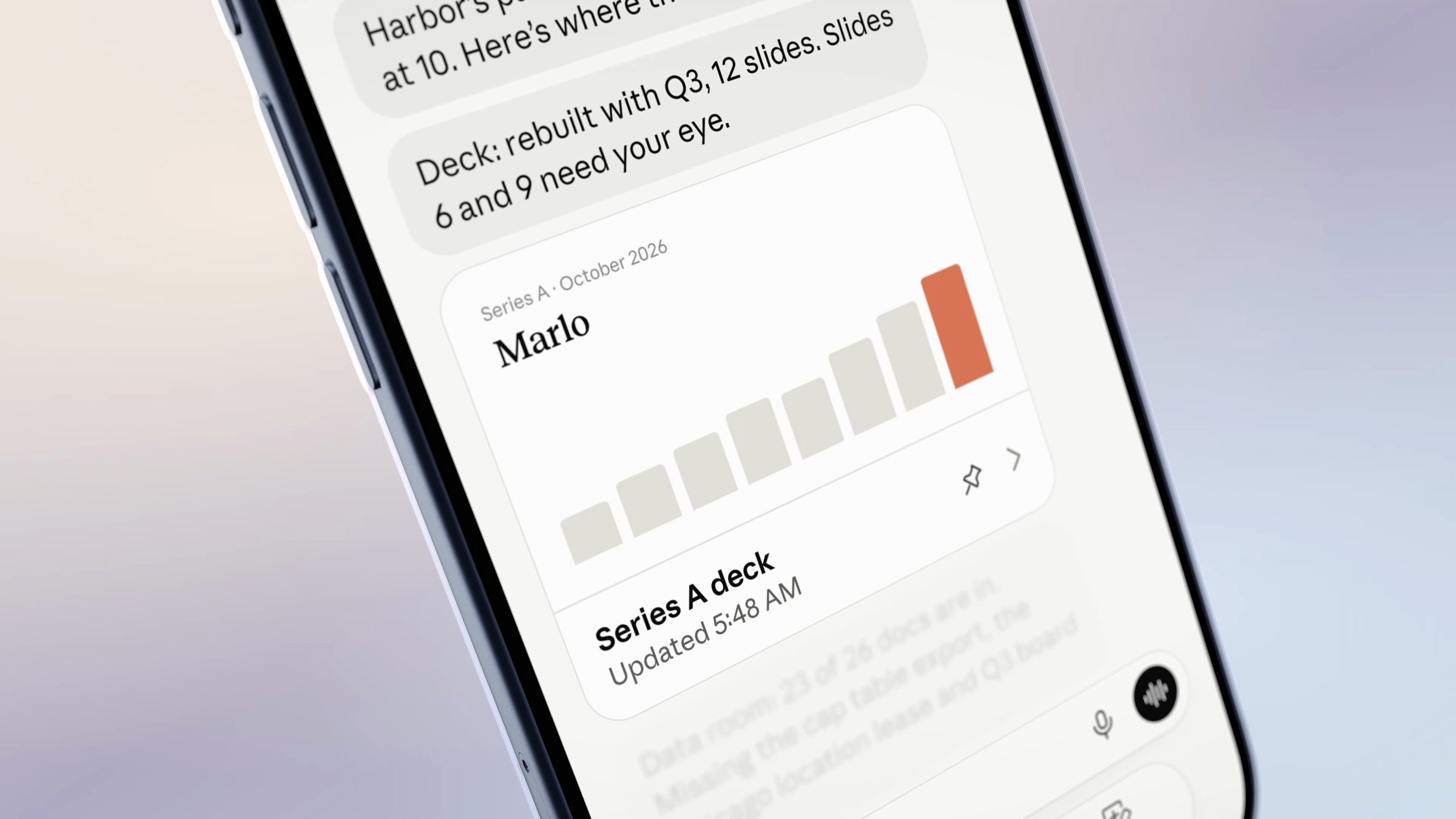 A tilted close-up of a Series A update with a bar chart and the rebuilt deck