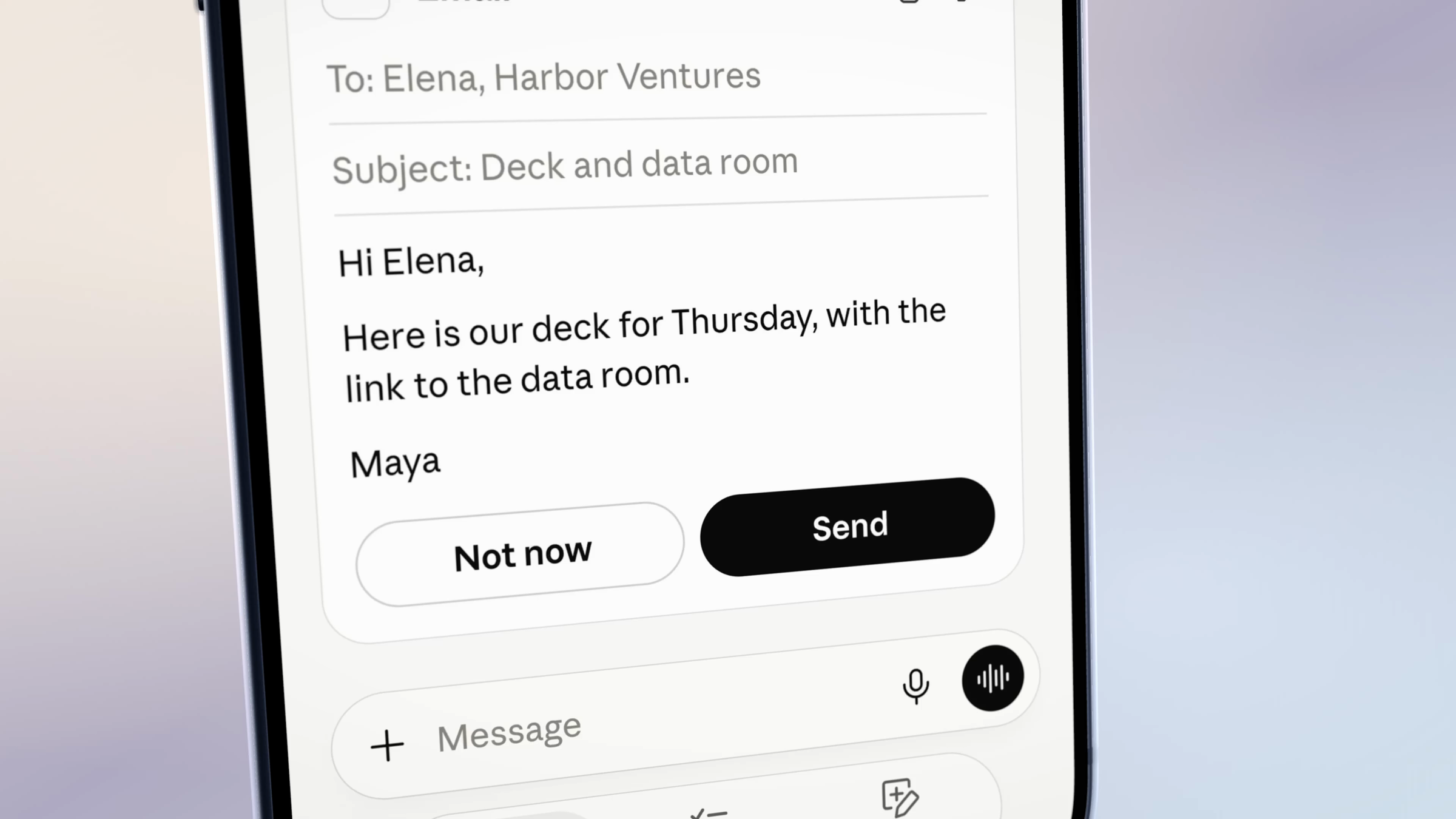 Close-up of a drafted email to Elena at Harbor Ventures with Not now and Send buttons
