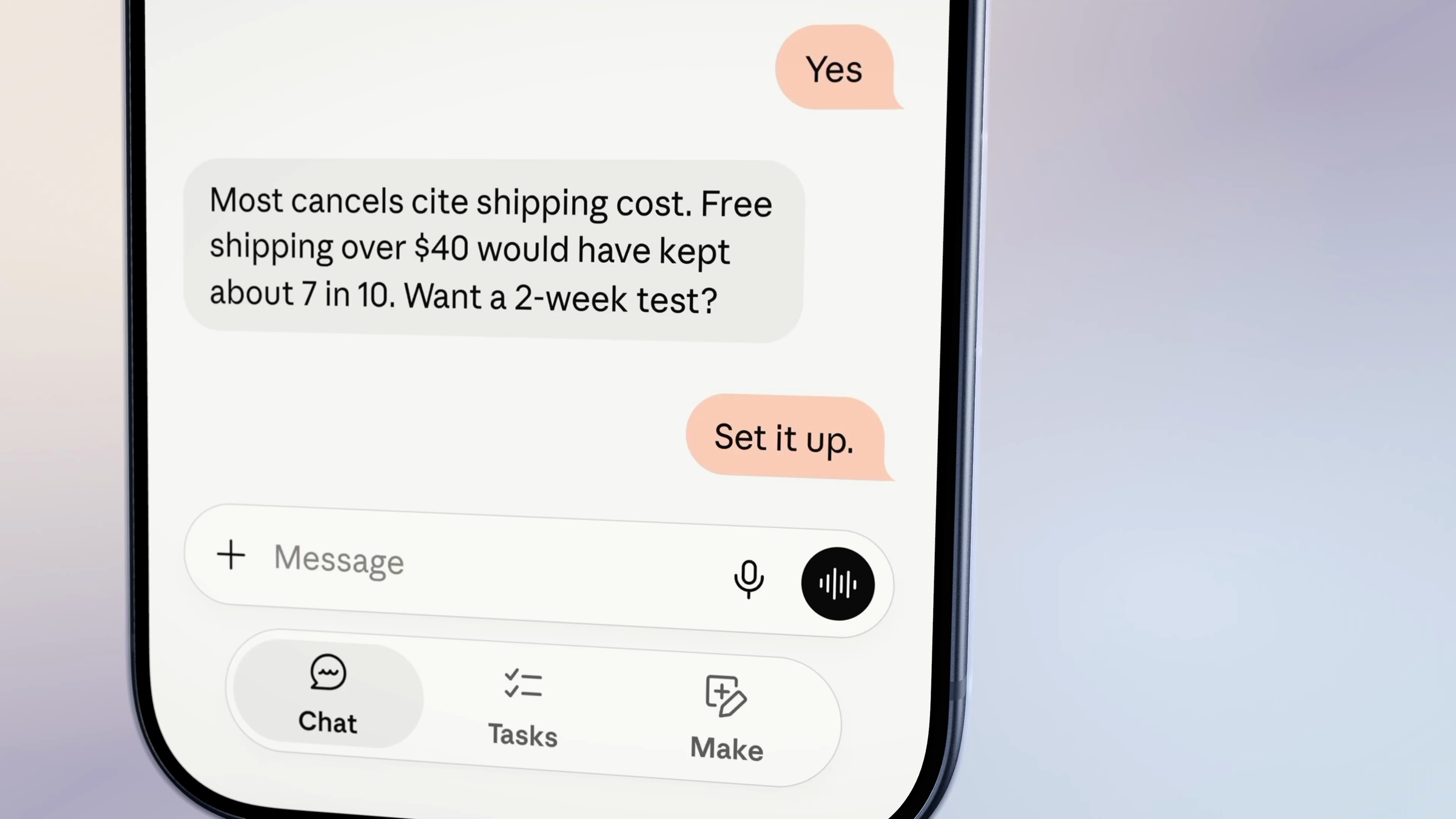Close-up of the chat ending with the reply Set it up